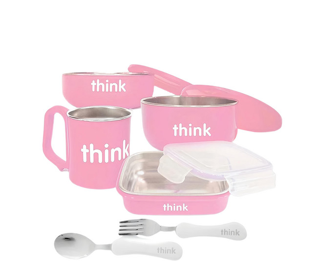 thinkbaby 不鏽鋼兒童餐具6件組, 寶寶碗 + 寶貝湯碗 + 寶貝水杯 + 寶貝便當盒 + 湯匙 + 叉子, 嫩粉色, 1組
