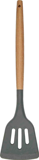 Quasi 小廚舒矽膠木柄煎匙(孔) 31.6 x 8cm, 黑色 + 木柄, 1支