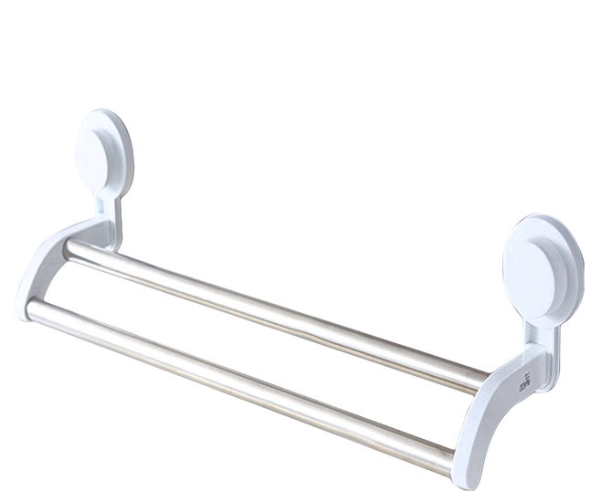 WE CHAMP 強力吸壁雙桿毛巾架, 銀色 + 白色, 1組