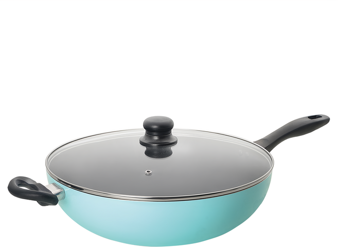 Queen Chef 韓國礦岩鈦合金鑄造不沾鍋雙鍋, 30 公分炒鍋+ 30 公分平底鍋 + 30 公分鍋蓋 + 竹鏟, 藍色, 1組