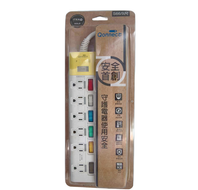 Qonnect 7開6插3P斷電延長線, 2.7m, 白色, 1個