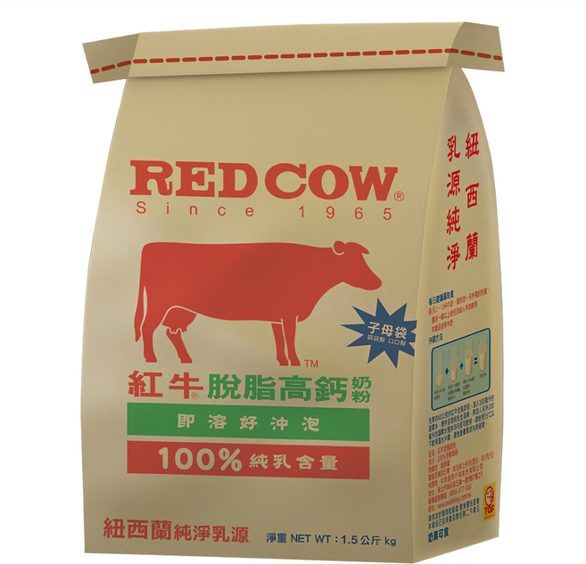 RED COW 紅牛 紐西蘭 脫脂高鈣奶粉, 1.5kg, 1袋