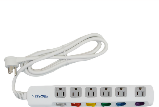 POLYWELL 寶利威爾 3孔電源延長線7切6座 PW15-T05-B031, 270cm, 白色, 1個