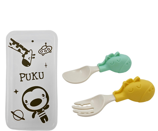 PUKU 藍色企鵝 PPSU寶寶好味湯叉組 適用於18個月以上寶寶 斑馬 綠色 + 黃色 + 白色 1組 收納盒, 幼兒湯匙 + 叉子 + 收納盒