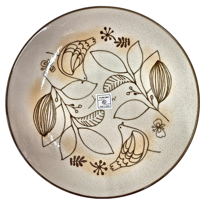 YUKURI 日本美濃燒 芬蘭花紋圓盤 淡黃空鳥 瓷器, 1個