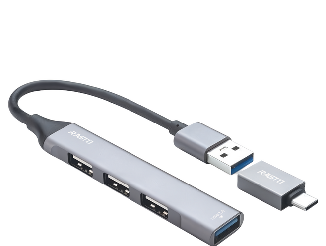 RASTO RH7 USB 3.0 四孔HUB集線器 贈USB ti TypeC轉接頭, 黑色 + 灰色, 1個