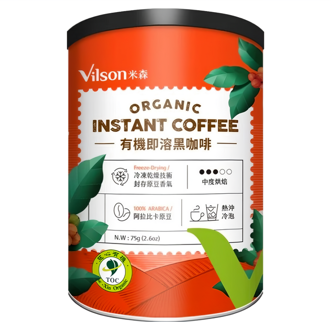 Vilson 米森 有機即溶黑咖啡, 75g, 1包, 1盒