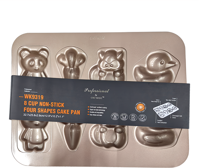 CHEFMADE 學廚 不沾童趣4型蛋糕模8連 WK9319 金色 740g 32.7 x 25.8 x 2.9cm 1組