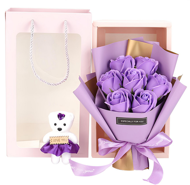 Mini嚴選 仿真玫瑰小熊花束 附禮袋 7朵, 淺紫色玫瑰, 1組