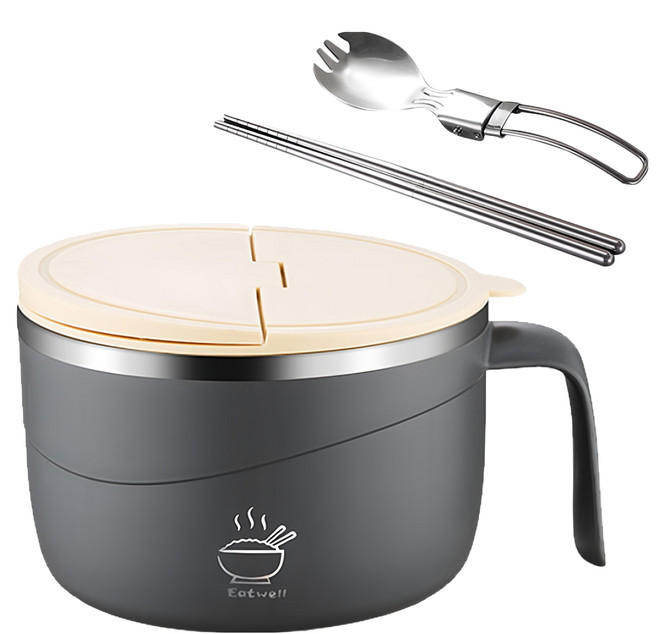 Eatwell 日式帶蓋304不鏽鋼大容量泡麵碗 附餐具 蓋子顏色隨機出貨 1.2L, 1個, 灰色