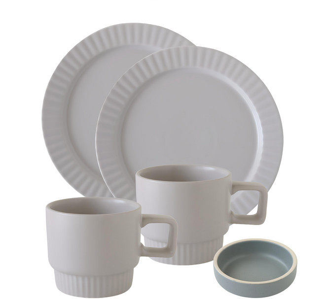 JUST HOME 陶瓷碗盤餐具 午茶組, 2個平盤 + 2個咖啡杯 + 調味碟, 1組, 條紋霧面白