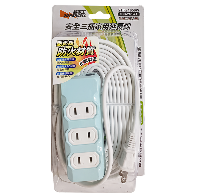 SUPERCELL 超電王 安全三插家用延長線 2孔 SNA203-21, 6.3m, 顏色隨機, 1條