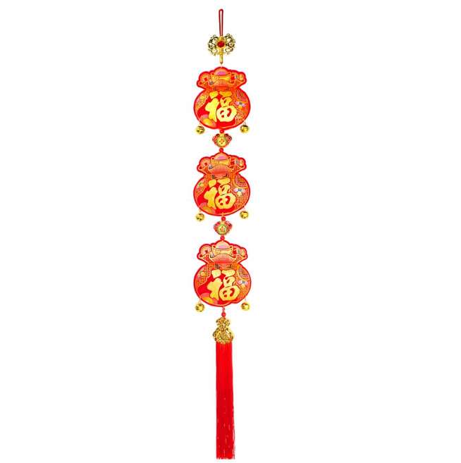 摩達客 春節開運招財 福氣滿滿三福袋聚財鈴鐺流蘇掛飾吊飾, 紅色 + 金色