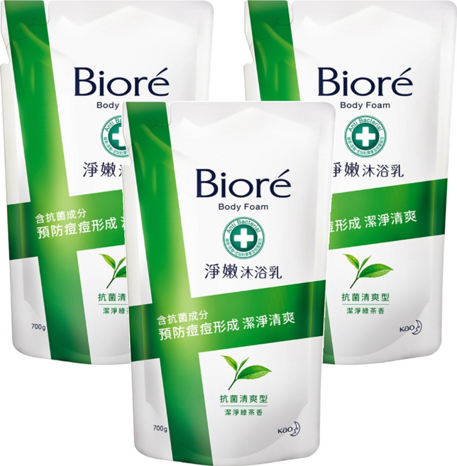 Biore 蜜妮 台灣公司貨 淨嫩沐浴乳 潔淨綠茶香 抗菌清爽型 補充包, 700g, 3包