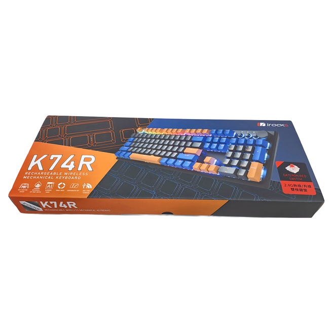 irocks 艾芮克 無線機械式鍵盤 原廠保固, IRK74R, 黑橘藍, Gateron紅軸