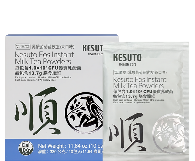 KESUTO 氣津堂 乳酸菌菊苣飲 奶茶風味 每包含1.0x10⁹ CFU優質乳酸菌 每包含13.7g 膳食纖維, 10包, 33g, 1盒