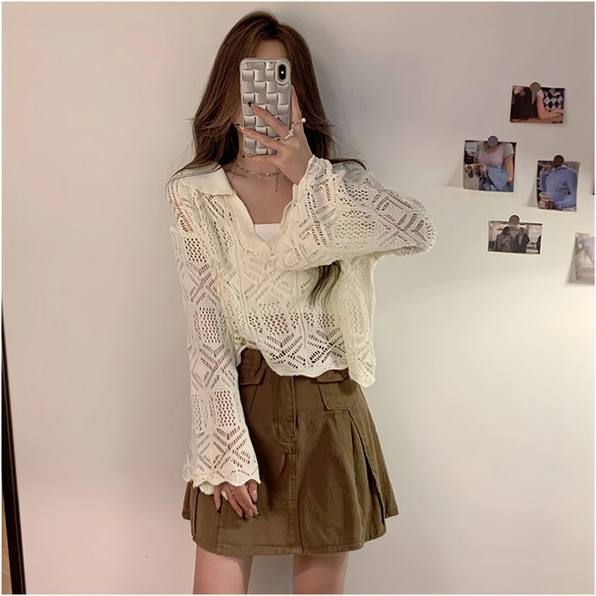 女款 翻領花邊鏤空長袖罩衫 氣質上衣, 白色