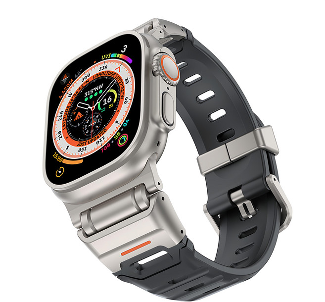 elkson Apple Watch Fusion剛柔系列 不銹鋼混搭堅軔柔和TPU透氣錶帶, 1個, 銀河鈦
