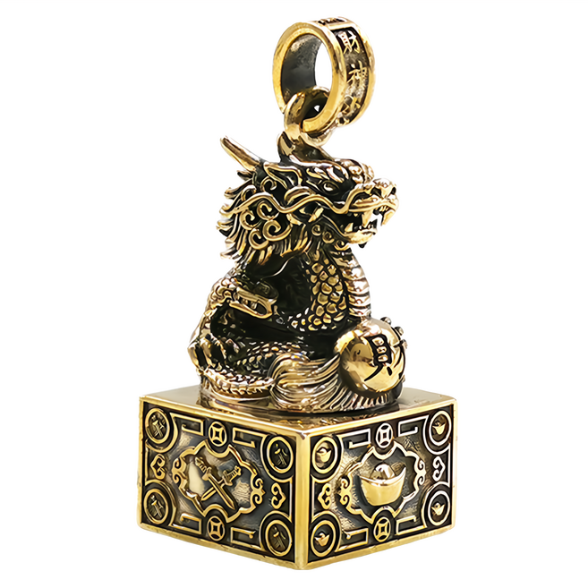 祥龍四方發財印項鍊 約4cm*1.7cm 不鏽鋼鍊 全長約52cm, 復古銅, 1條