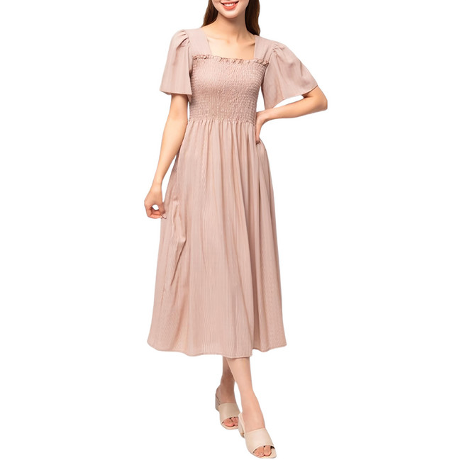 CARET 女款細格紋長款褶皺方領短袖洋裝, 棕色