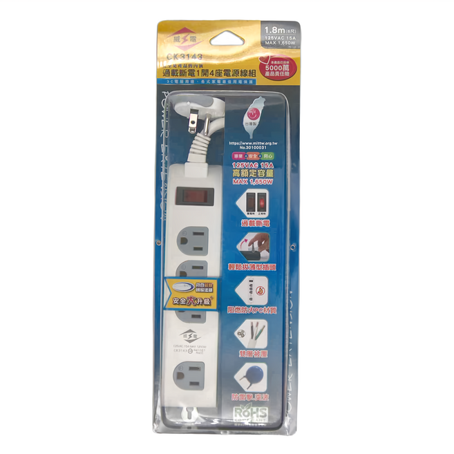 WeiTien 威電 1開4插電腦線 3孔 CK-3143 247 x 48 x 33mm, 1.8m, 白色, 1個