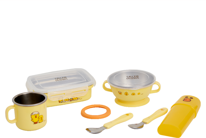 KiKimmy LINE FRIENDS兒童餐具 H853-Y, 不銹鋼密封方形餐盒 + 不銹鋼雙耳隔熱碗 + 不銹鋼杯 + 不銹鋼湯匙 + 不銹鋼叉子 + 餐具收納組, 莎莉與她的朋友 黃色, 1組