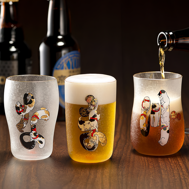 ADERIA GLASS 江戶貓平假名啤酒杯木盒禮盒3件組 透明, 1組