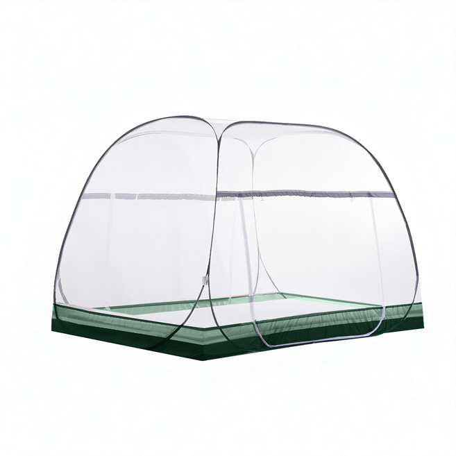 台灣 Life plus 2024最新款 加大加寬加高免安裝大方頂蒙古包雙開門蚊帳 雙人加大款, 條紋綠