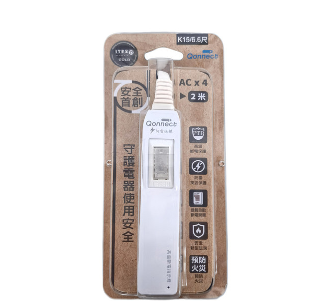 Qonnect 1開4插2P高溫斷電延長線, 2m, 白色, 1條