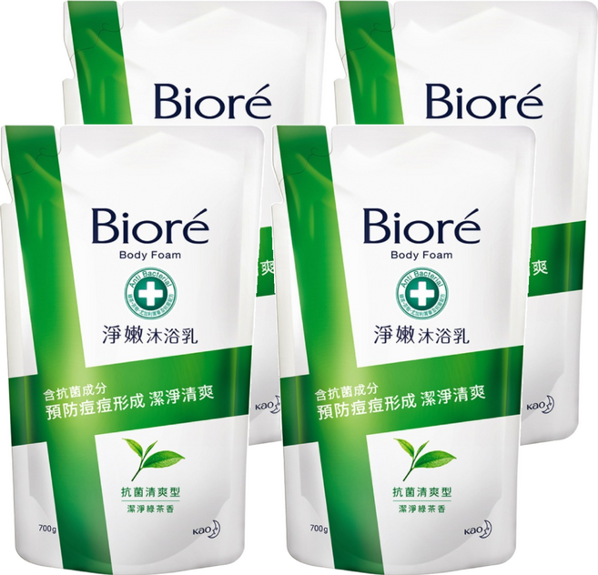 Biore 蜜妮 台灣公司貨 淨嫩沐浴乳 潔淨綠茶香 抗菌清爽型 補充包, 700g, 4包