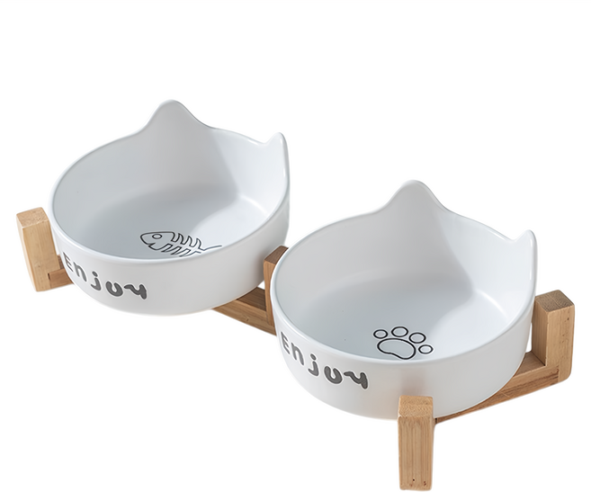 毛皇上 木架貓耳陶瓷碗 雙碗 魚骨碗 + 貓掌碗 + 木架, 白色, 1組