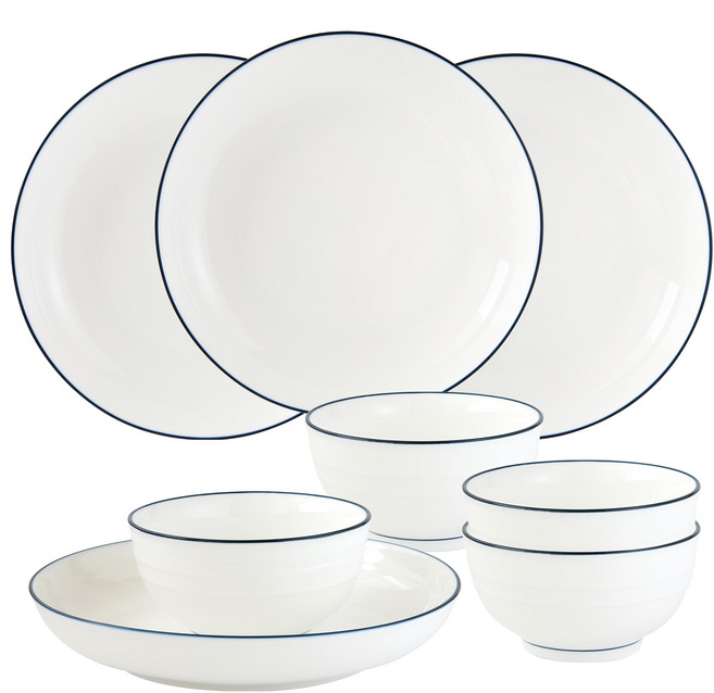 JUST HOME陶瓷8件餐具組 歐風小清新 輕食熟食皆宜, 4個8吋深盤 + 4個4.5吋飯碗, 里尼 白色, 1組