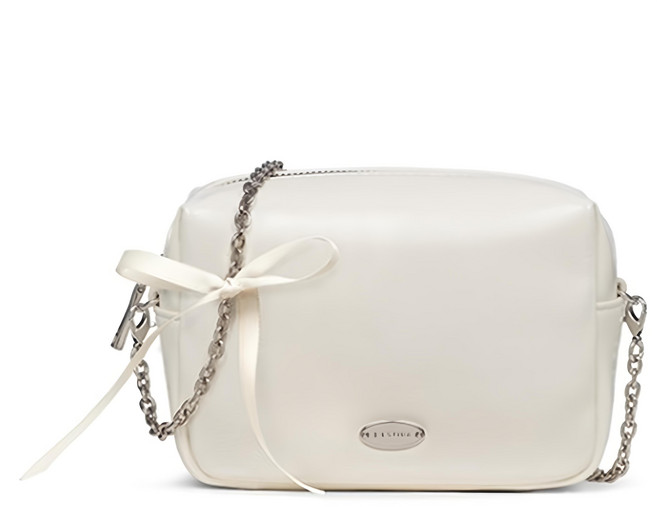 J.ESTINA ROND鏈條包 時尚小方包 精緻鏈條肩帶 甜美蝴蝶結裝飾, 白色