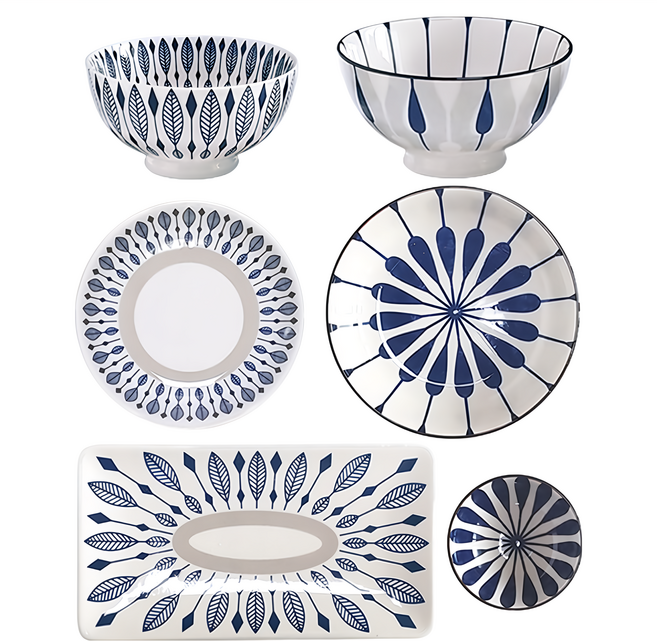 Umaishoku Yume 單人餐具組, 飯碗 + 湯碗 + 中深盤 + 大深盤 + 長方形盤 + 醬料碟, 藍色+灰色, 1組