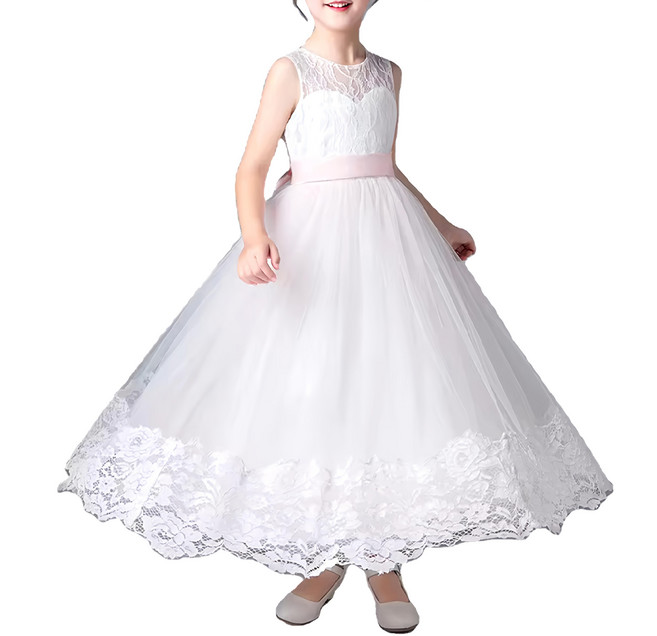 愛北鼻之家 拼接刺繡蕾絲緞帶長裙