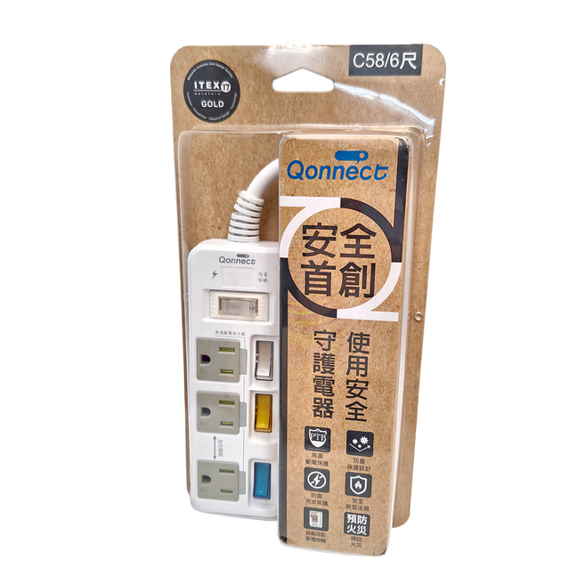 Qonnect 4開3插3P高溫斷電延長線 C58BO, 1.8m, 白色, 1個