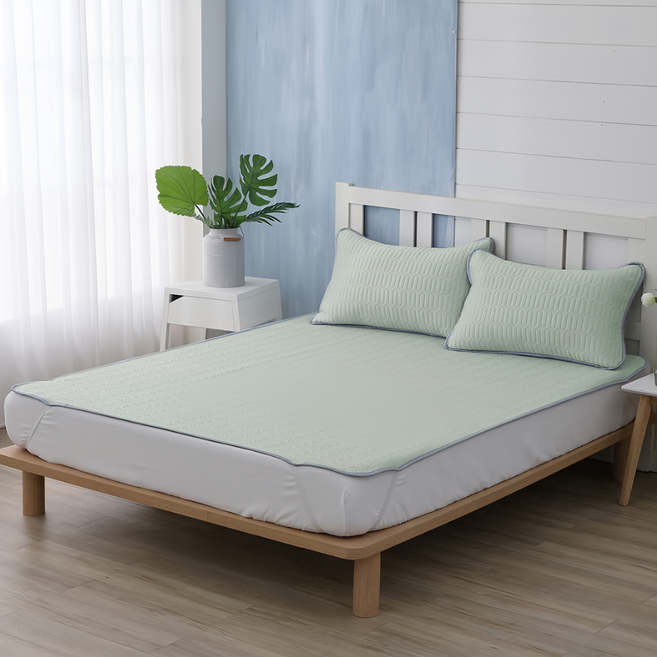 Ishur 伊舒爾 乳膠冰絲涼蓆墊 柔軟舒適 輕薄透氣 雙重防滑 止滑透氣網+防滑綁帶 綠色環保設計, 涼蓆墊 + 枕套 x 2, 冰炫淺綠