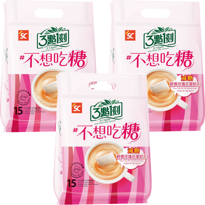 3點1刻 減糖 玫瑰花果奶茶, 20g, 15包, 3袋
