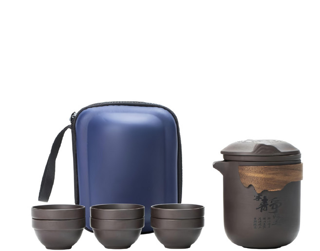 素面茶具旅行組 附收納包 1壺6杯 紫砂壺 1組, 1個茶壺 + 6個茶杯, 紫砂 深棕色