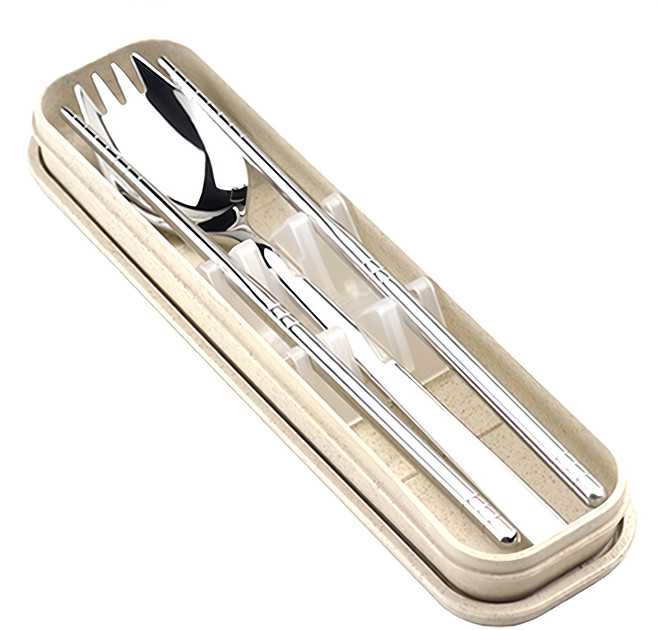 二合一不鏽鋼餐具組, 1組, 叉匙 + 圓筷, 米色 + 銀色