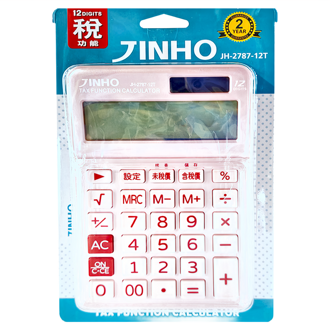 JINHO 京禾 12位元計算機 稅率型 大型LCD數字顯示 雙重電源 JH-2787-12T, 粉色, 1個