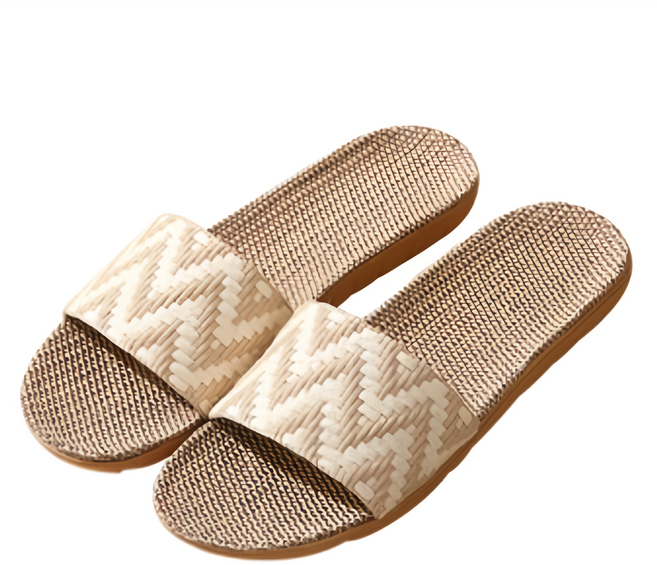 波浪一字編織亞麻拖鞋 100%聚酯纖維鞋面 100%亞麻中底 EVA鞋底, 波浪沙色, 37~38號