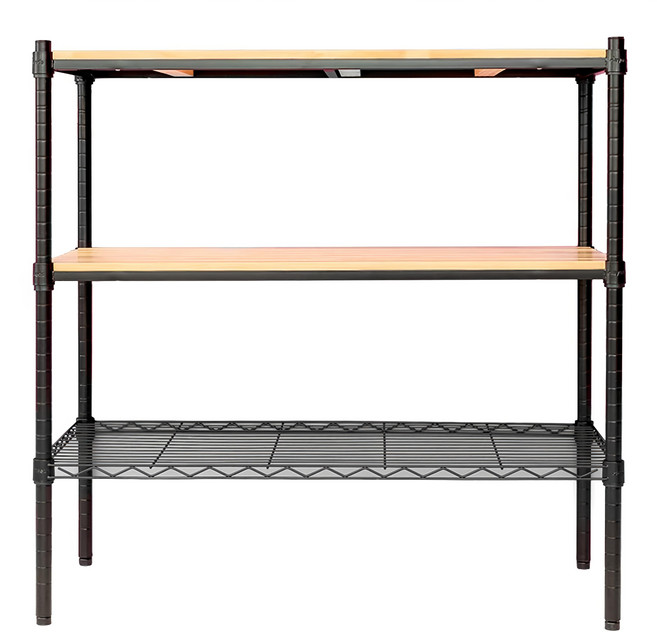dayneeds 日需百備 松木烤漆三層架廚房收納推車 含工業輪 90 x 45 x 90cm, 黑框 + 原木, 3層
