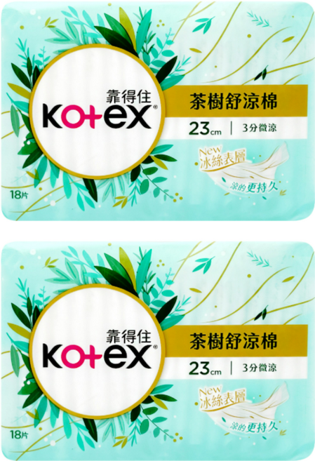Kotex 靠得住 茶樹舒涼 涼感衛生棉 3分微涼 護翼型, 日用一般型 23cm, 18片, 2包