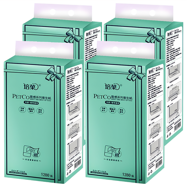 Petco 培菓 雲感系列 懸掛式衛生紙 1280張 四層原生木漿, 1入, 4包