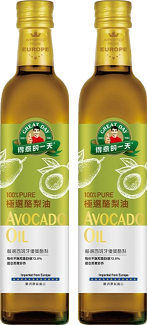 得意的一天 極選酪梨油 100%歐洲原裝進口 含73.9%不飽和脂肪 專利伸縮油嘴設計 油質穩定發煙點250度以上, 500ml, 2瓶