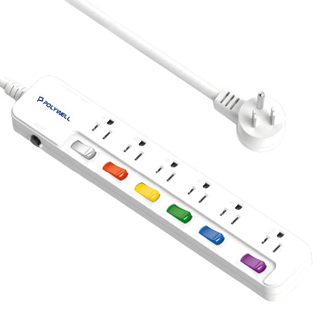 POLYWELL 寶利威爾 3孔電源延長線 6切6座 PW15-T05-A038, 6尺, 白色, 1條