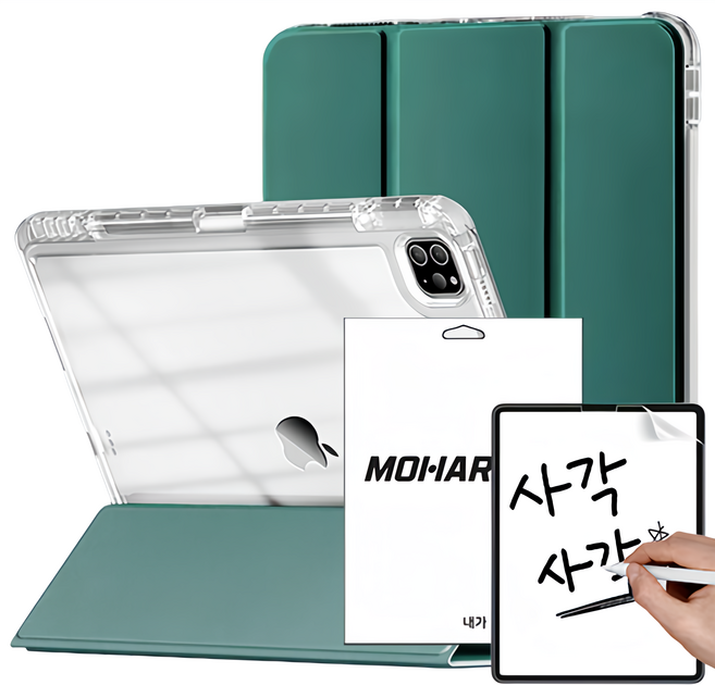 모할랩 아이패드 아크릴 하드 클리어 애플펜슬 수납홀더 케이스 + 아이패드 종이질감 액정보호필름, 05 올리브그린