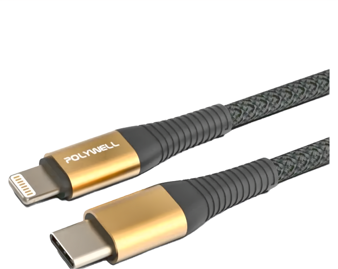 POLYWELL 寶利威爾 Type-C Lightning 蘋果PD快充編織線 iPhone PW15-W45-A287, 金色, 1條, 1m