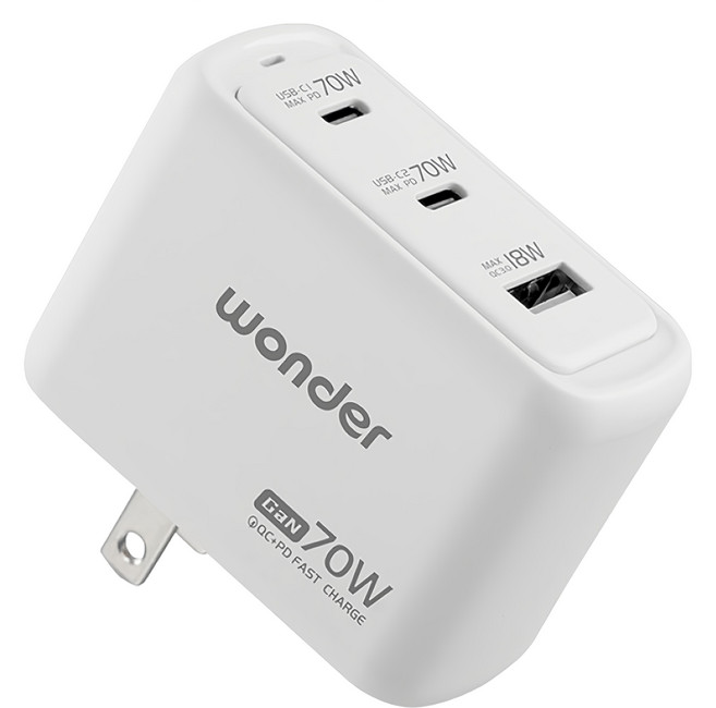 wonder 旺德電通 70W 3-Port GaN 充電器 PD+QC 3.0+PPS 摺疊腳 8重防護 牛奶白